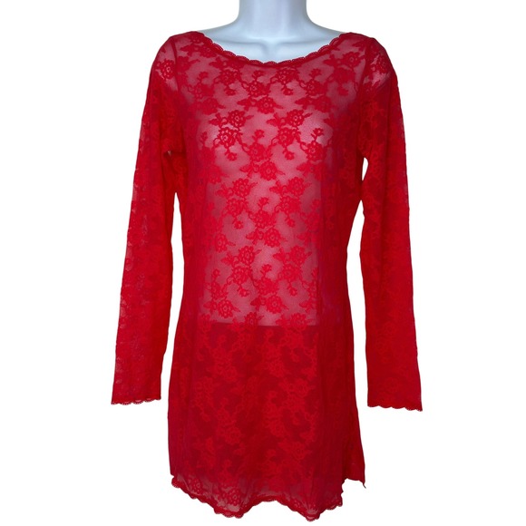 Victoria's Secret Dresses & Skirts - Victoria's Secret Lace Slip Dress Large Red Sheer Backless L/S Mini Nighty